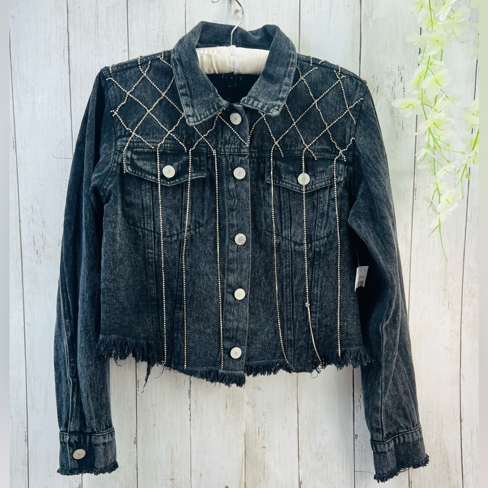 Thrill Jeans Y2K Women's Dark Gray Rhinestone Tassels Cropped Denim Jacket Large